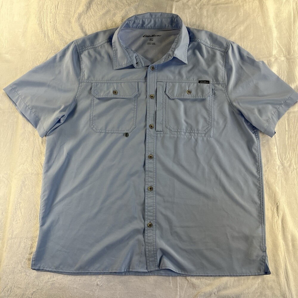 Eddie Bauer Mens XL Ripstop Tech Fishing Button Shirt Short Sleeve Vented UPF 50